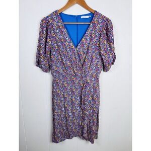 LUSH Small Ditsy Blue Floral Mini Dress‎ Front Back Vee Ruffled Hem 3/4 Sleeves